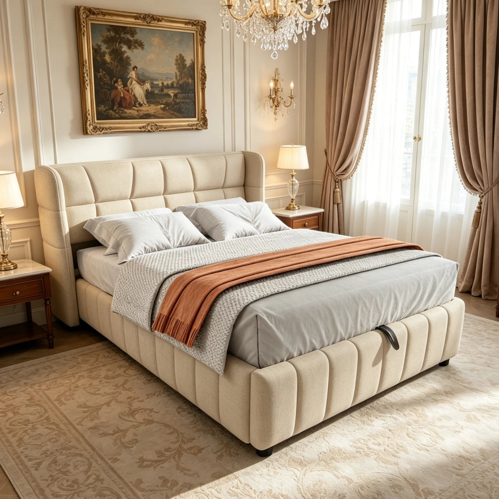 Letto imbottito contenitore 140x200 cm beige con sollevamento