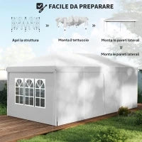 Gazebo 6x3 m Pieghevole da Giardino a 6 Pareti in Acciaio e tessuto Oxford con Funi e Picchetti, Bianco