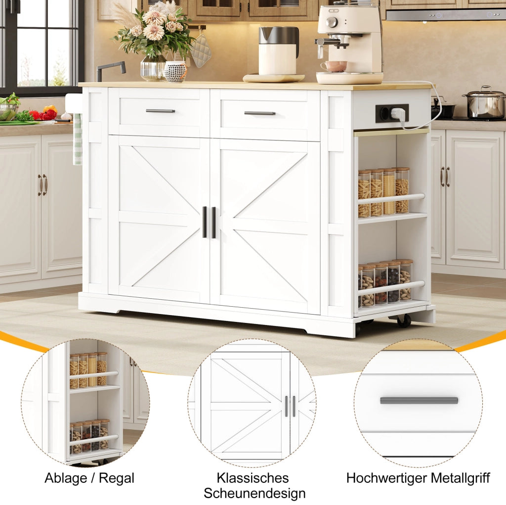 Isola cucina mobile con piano estraibile e prese, bianco rovere
