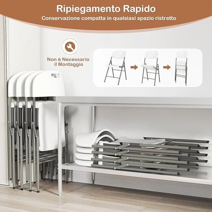 Set di 4 Sedie Pieghevoli con Struttura in Metallo, Sedie da Pranzo Salvaspazio con Antiscivoli, Sedie da Campeggio per Interno ed Esterno, 58 cm x 45 cm x 84 cm (Bianco)
