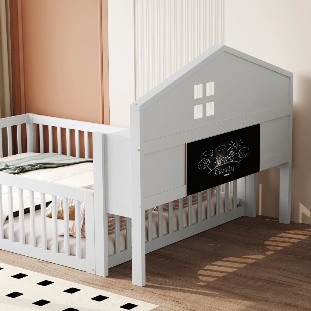 OKWISH Letto a Casetta 140×200 cm, Letto Singolo con Contenitori, Mensole e Sponda, senza Materasso, in Legno Massello, Bianco