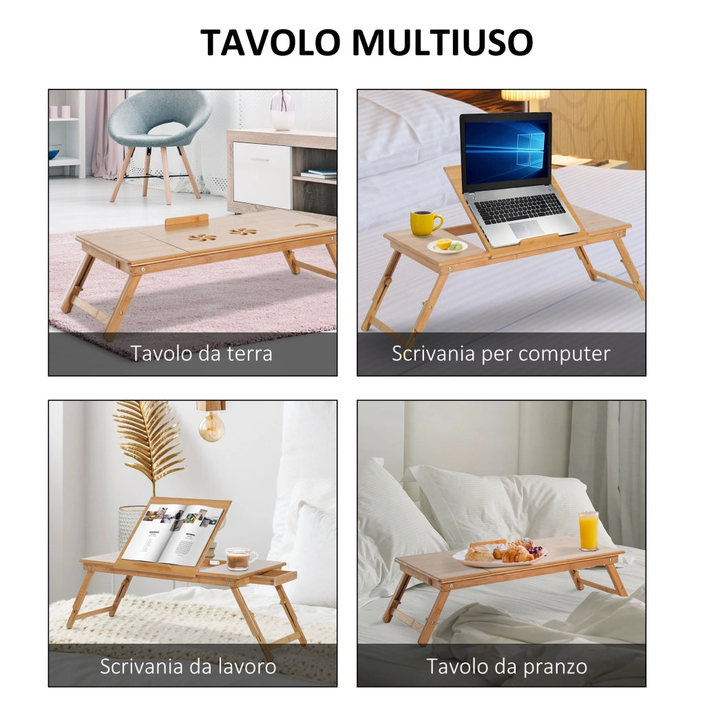 Tavolino da Letto per PC Pieghevole e Inclinabile con Cassetto. 72x35x22-30. Colore Legno
