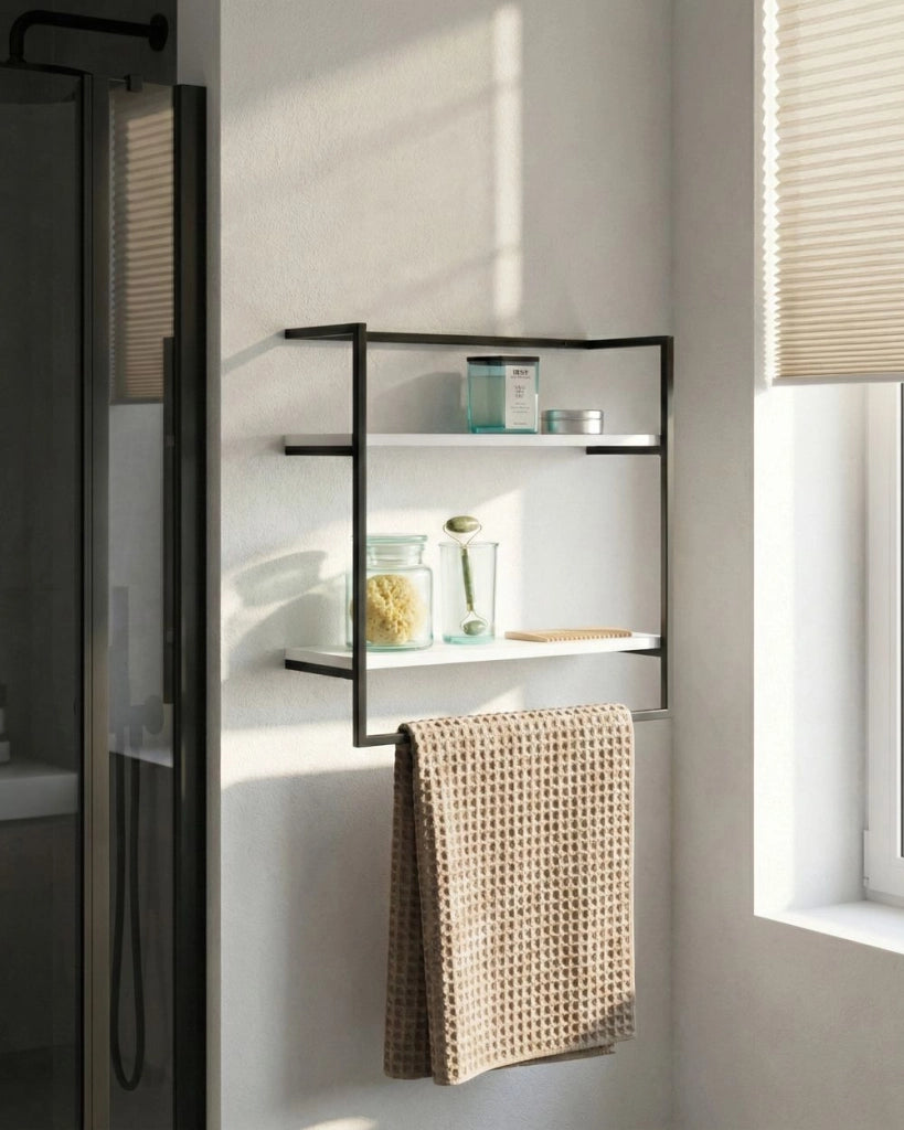 Portasciugamani da parete in ferro nero con spazio aggiuntivo 2 ripiani per cosmetici e prodotti essenziali da bagno