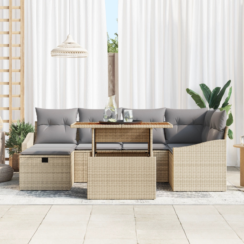 Set Divani Giardino 7 Pezzi con Cuscini Beige Rattan Policarbonato