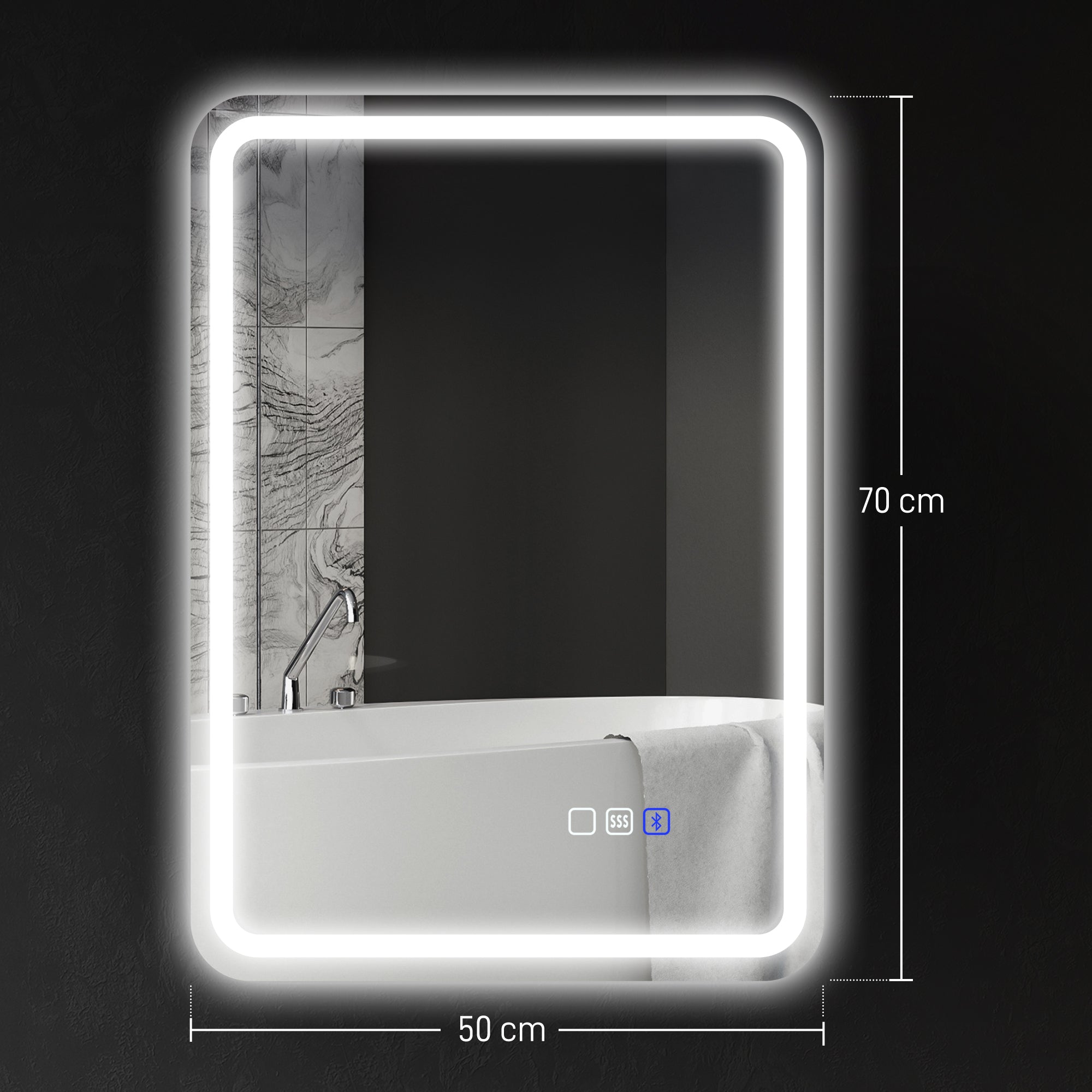 Specchio Bagno 70x50x3,5 cm LED con Bluetooth Illuminazione Regolabile e Funzione Memory in Vetro Temperato