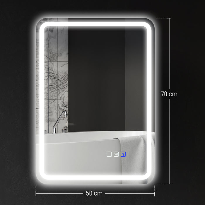 Specchio Bagno 70x50x3,5 cm LED con Bluetooth Illuminazione Regolabile e Funzione Memory in Vetro Temperato
