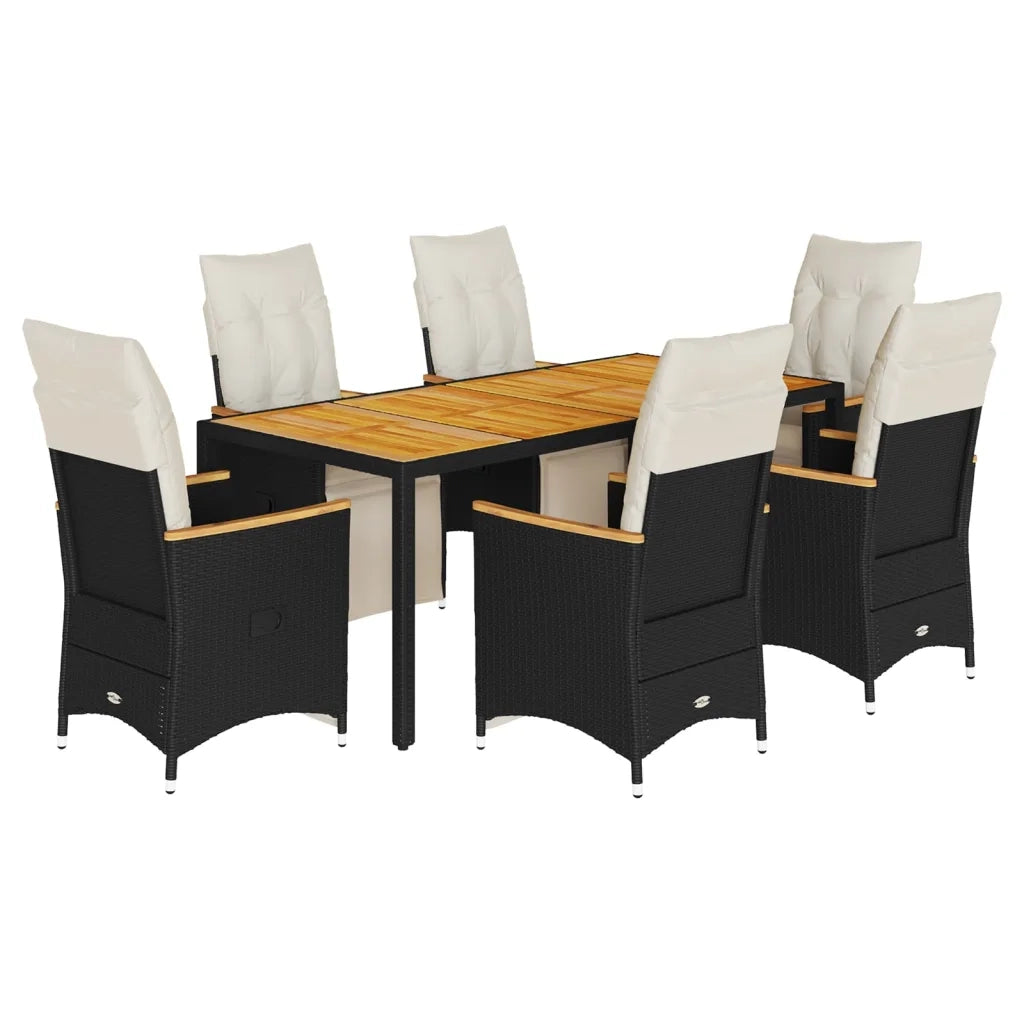 Set da BistrÃ² da Giardino 7 pz con Cuscini Nero in Polyrattan