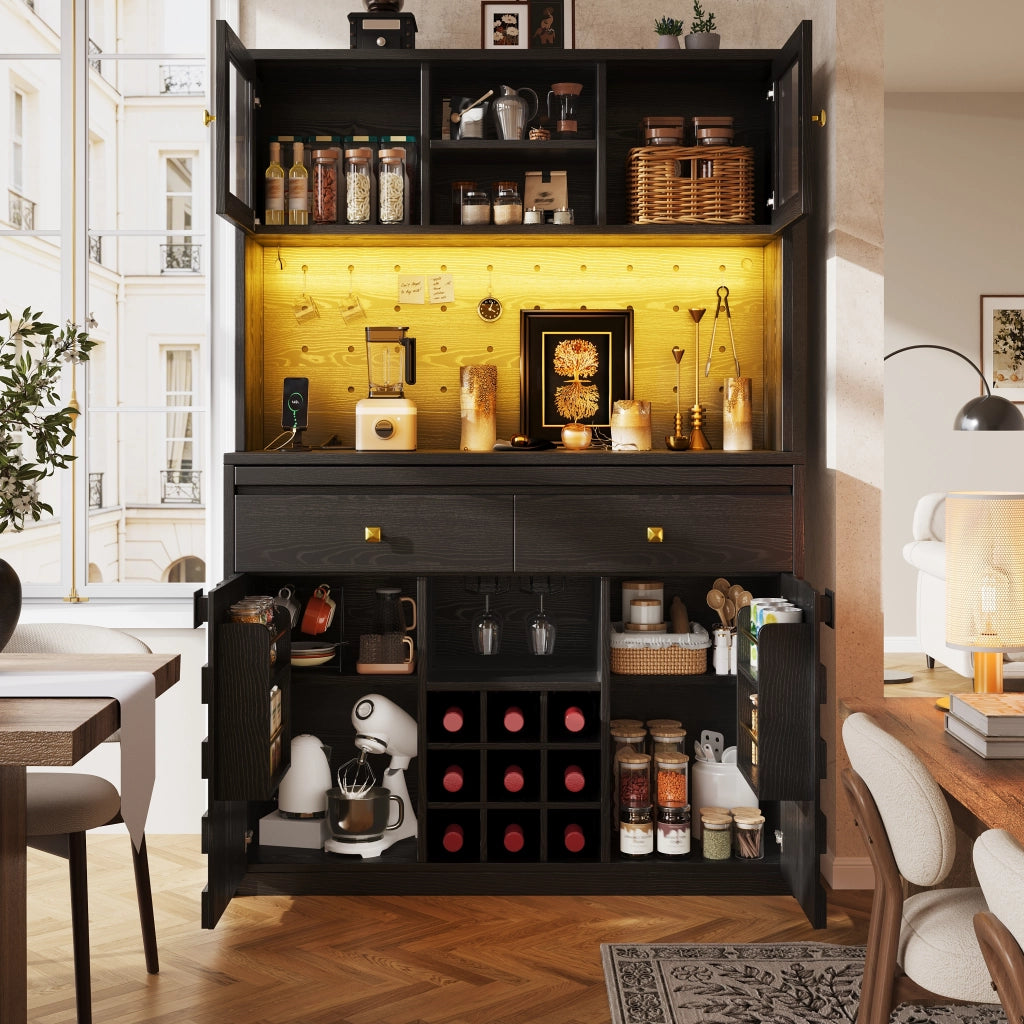 Colonna cucina LED con ripiani regolabili; portabottiglie; prese USB e pannello forato; nero; 120 × 40 × 178 cm