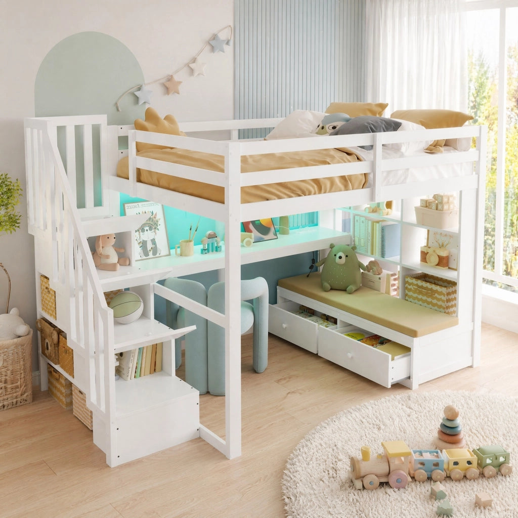 LETTO A CASTELLO 140x200 con scrivania, ripiani, cassetti e scala, bianco