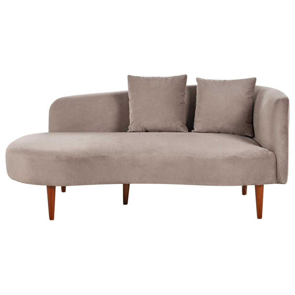 Chaise Lounge in velluto tortora lato destro gambe in legno scuro design moderno