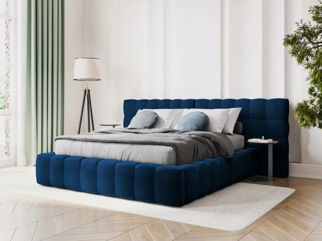 Cosmopolitan Design - Letto a cassettone con testiera doppia "Bali" 140x200cm in velluto blu reale 