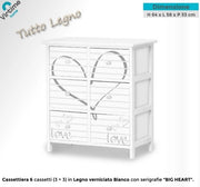 Cassettiera Mobile in Legno con 3 + 3 Cassetti Bianco Big Heart 58 x 33 x 64 cm