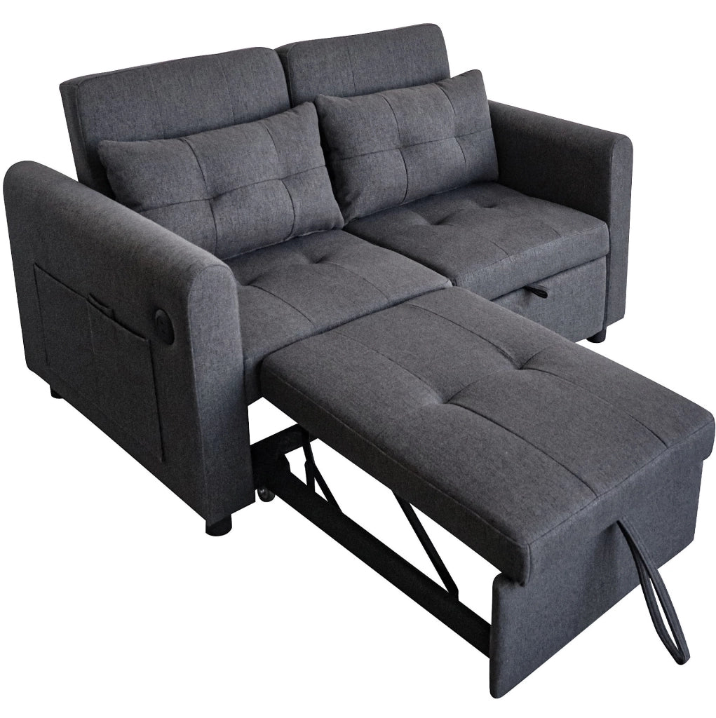 Divano letto 3 in 1 con schienale regolabile; USB e tasche in cotone e lino grigio