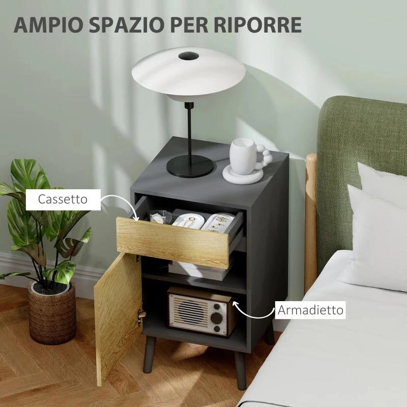 COMODINO CON CASSETTO E ARMADIETTO MODERNO SENZA MANIGLIE, 40X39X69 CM, GRIGIO SCURO E LEGNO