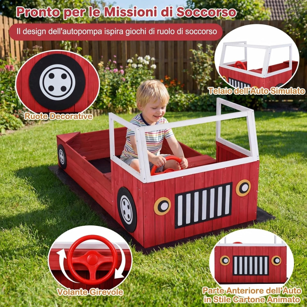 Sabbiera per Bambini in Legno Massello, Sabbionaia da Esterno con Panca Sedile e Fodera, Forma di Autopompa, Gioco per Spiaggia, Cortile e Giardino, 156x80x70 cm