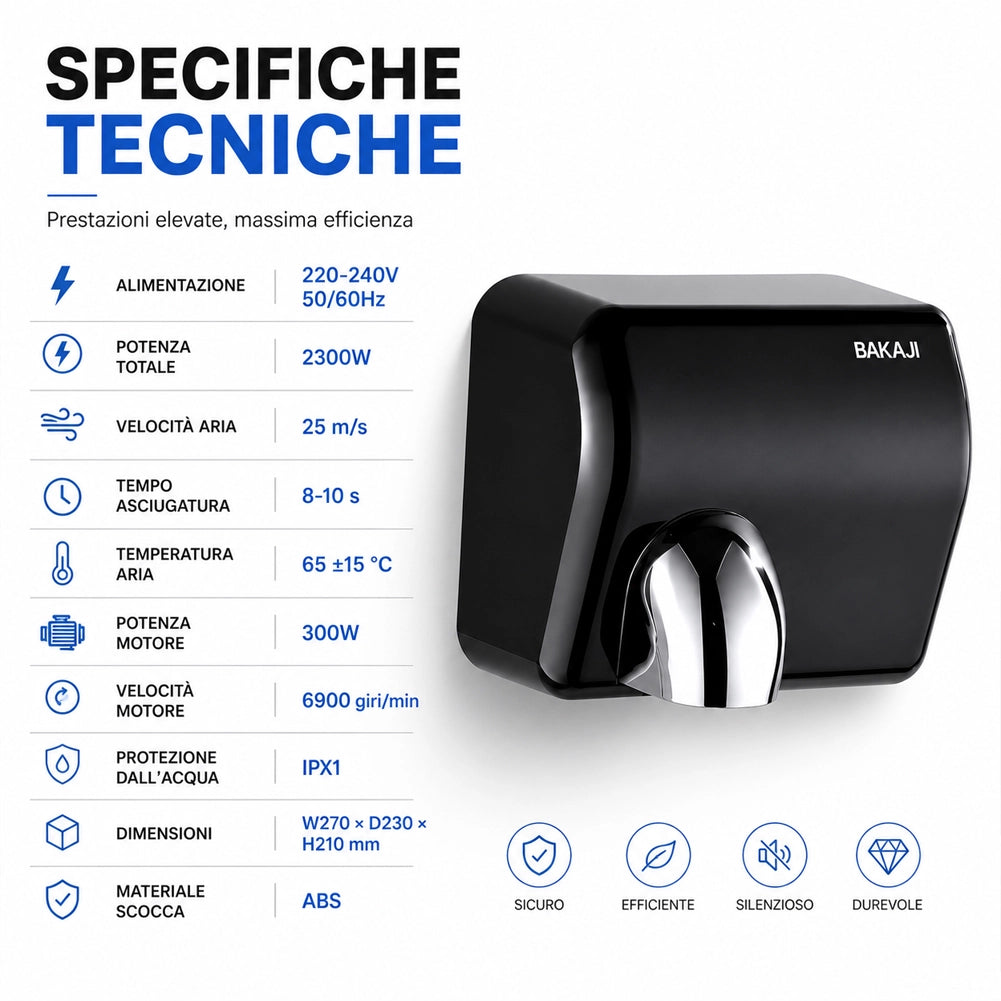 Asciugamani Elettrico Nero da Hotel Aria Calda a Parete 2300W con Fotocellula