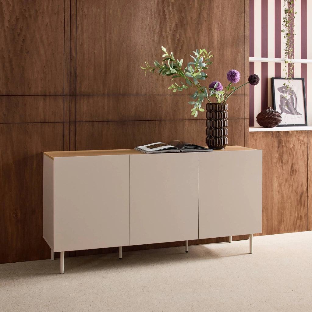 Credenza in metallo e decorazione in legno 3 ante, 150cm, beige