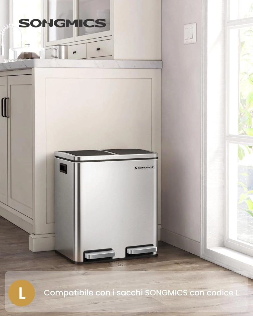 SONGMICS Cestino da Cucina, Doppio Secchio 2 x 15L per Raccolta Differenziata, Pattumiera a Pedale, Coperchi a Chiusura Morbida, Acciaio, Argento Metallizzato e Nero Inchiostro LTB30H