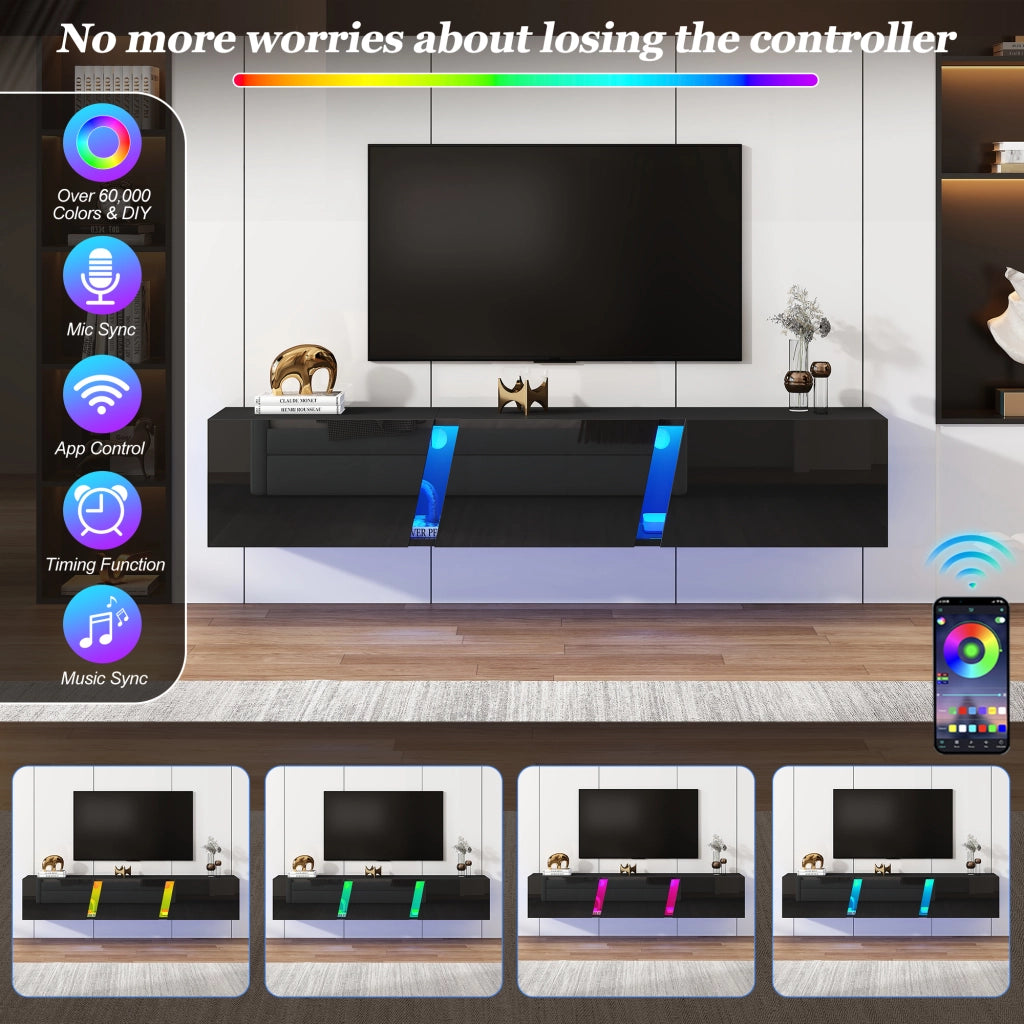 Mobile porta TV sospeso con LED e 3 ante, 5 vani contenitore, per soggiorno, in truciolare, nero, 180 × 35 × 30 cm