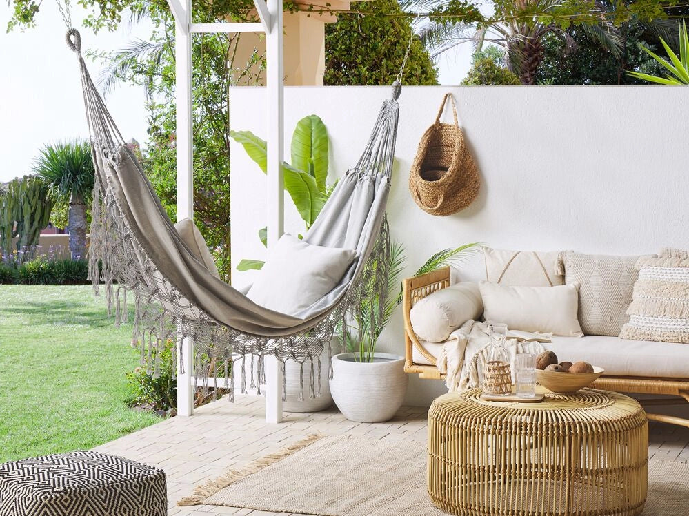 Amaca da giardino in cotone grigio chiaro e sedile altalena in poliestere per interni ed esterni in stile boho