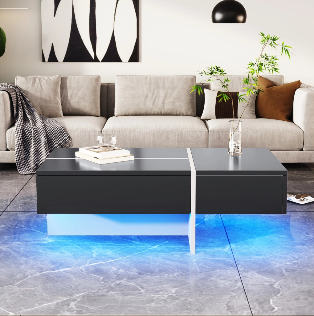 Tavolino da caffè nero lucido con LED e 3 cassetti