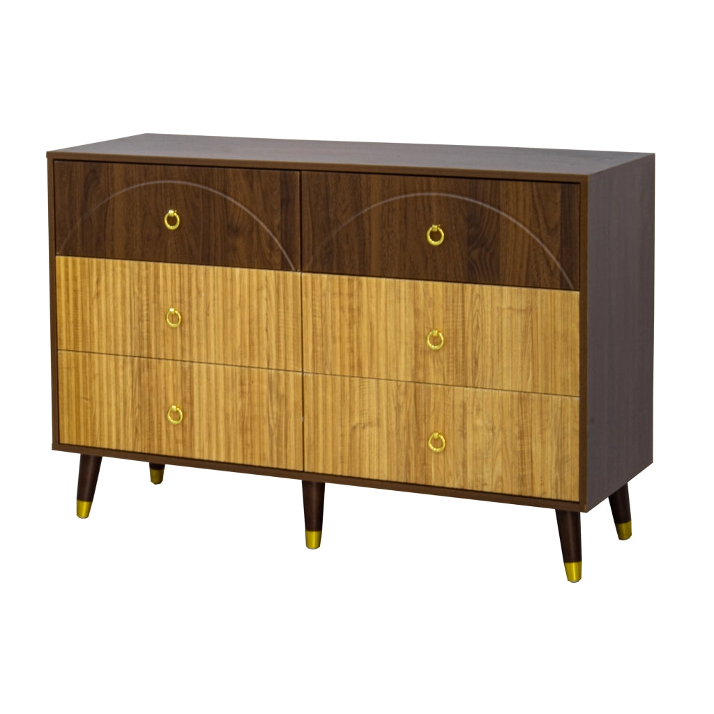 Credenza con 6 Cassetti; Maniglie ad Anello in Metallo Dorato; Stile Vintage; in MDF; 120??40??81 cm; Naturale