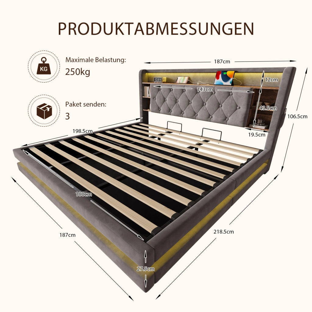 LETTO Contenitore 180x200 cm Velluto Grigio Scuro con testiera multifunzione