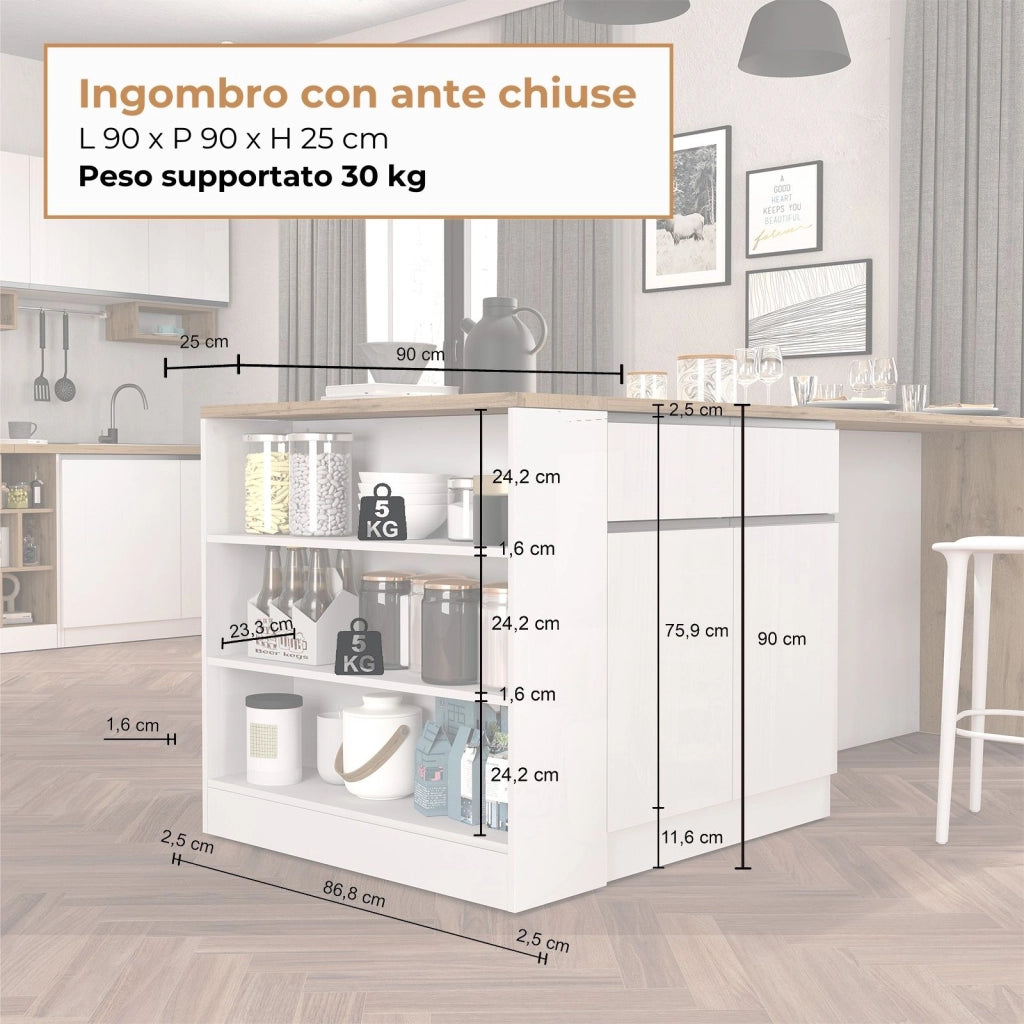 WHOUS Mobile a scaffale Sole con 3 ripiani bianco lucido e rovere 90x90x25 cm