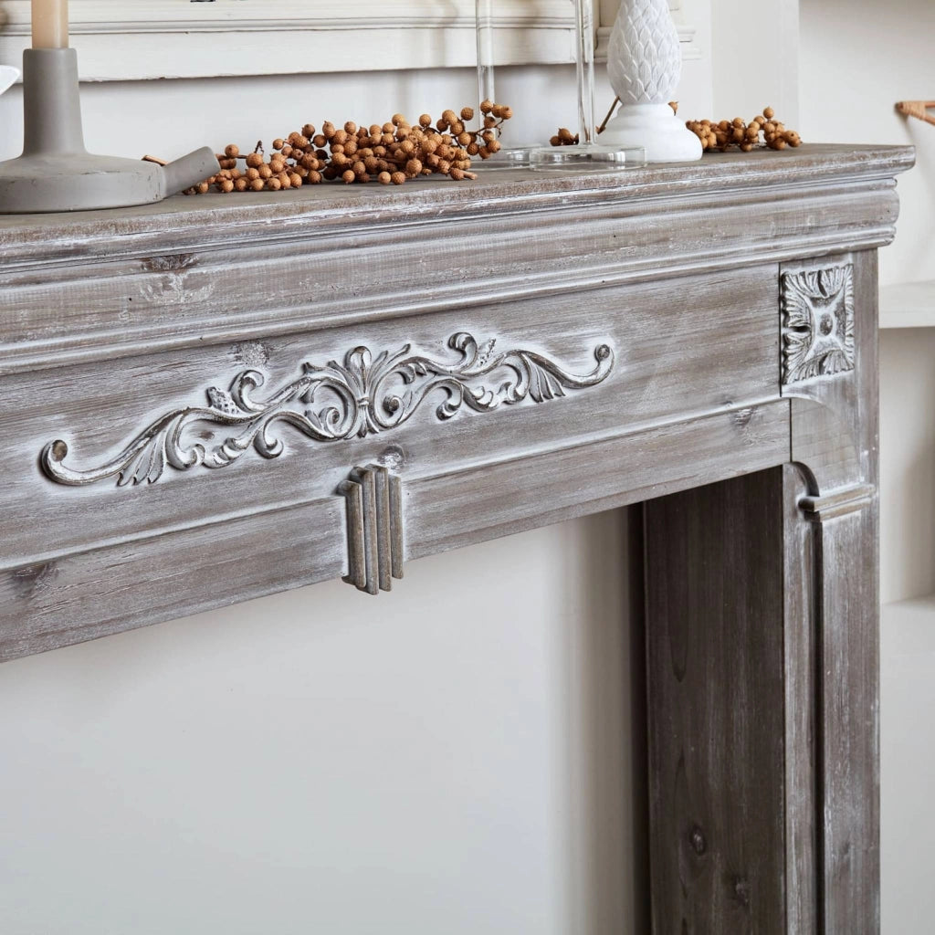 Cornice per caminetto effetto legno, grigio sbiancato