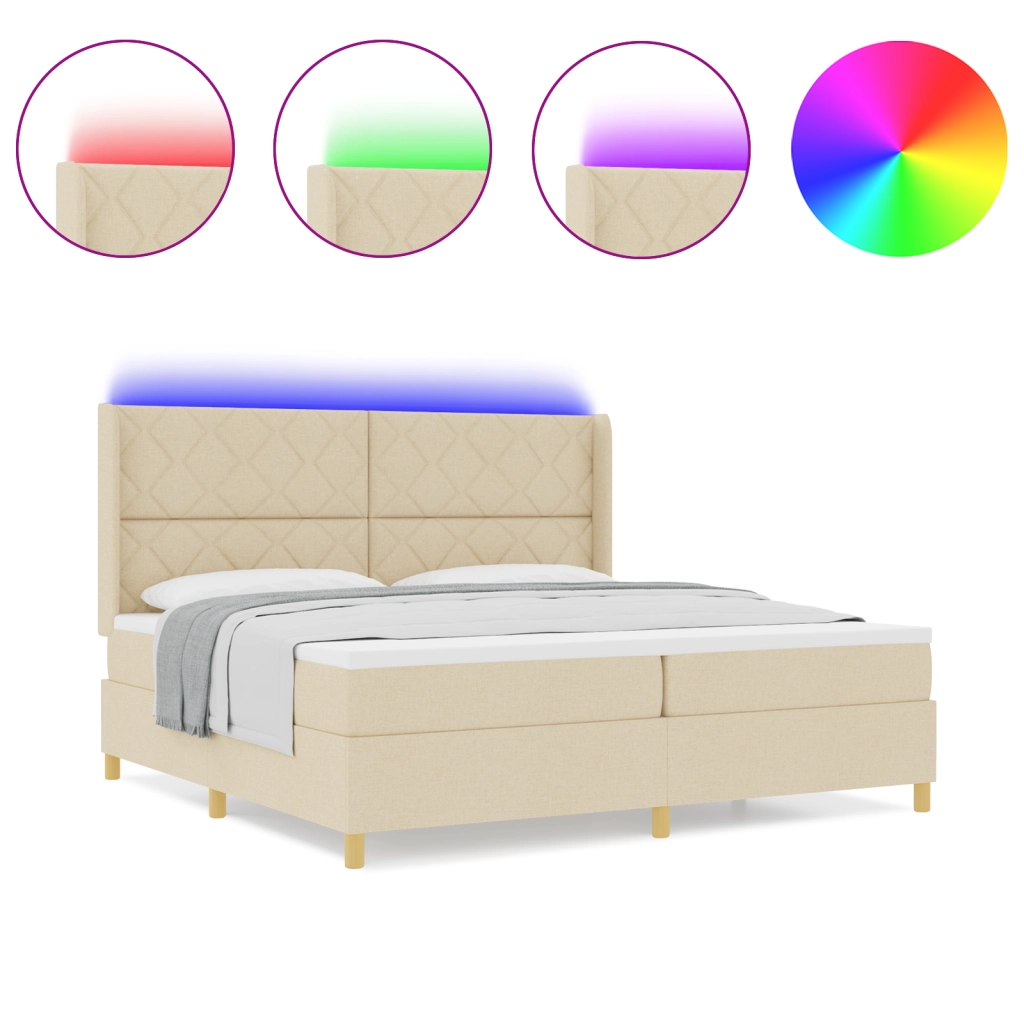 Letto Box Spring  con Materasso e LED Crema 200x200 cm Tessuto