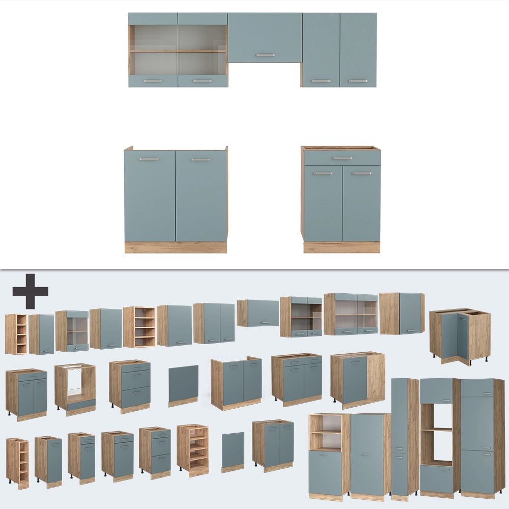 Vicco Cucina componibile Rovere blu-grigio/oro 200 cm senza piano di lavoro