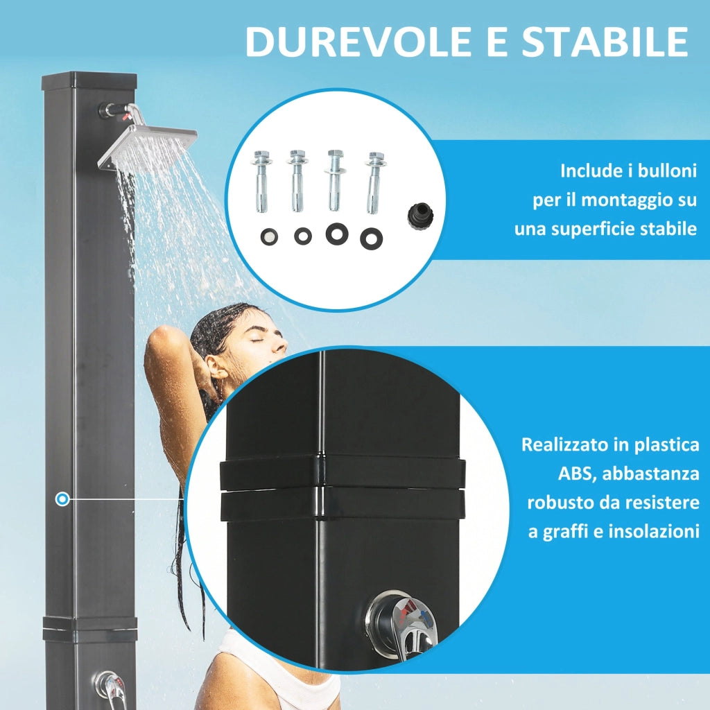 Doccia Solare 19x20x217 cm Contenitore da 40L Temperatura fino a 60°C con Rubinetto Inferiore Nero