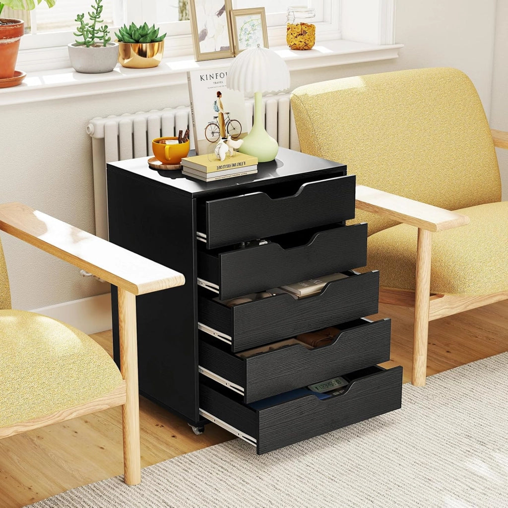 Cassetto da scrivania mobile con 5 cassetti da ufficio, mobile da ufficio, organizer con ruote, supporto per stampante per cartelle, documenti, documenti, carta, 48 x 39,5 x 69,5 cm (Nero)
