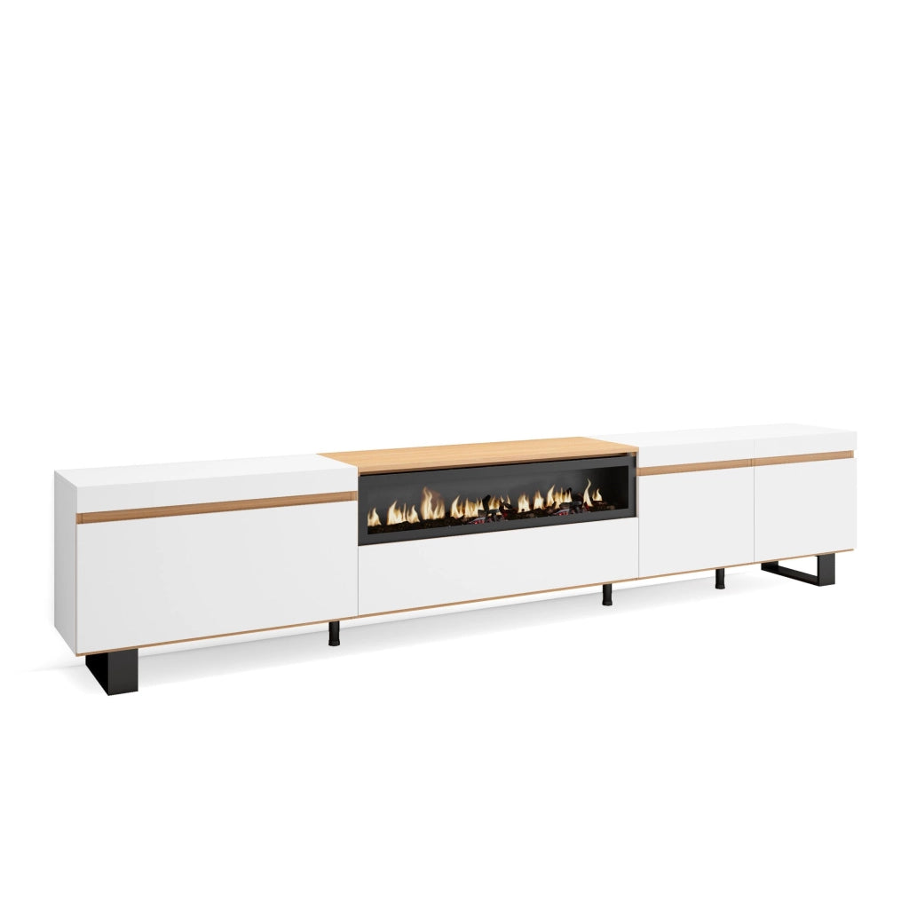 Mobile TV Soggiorno, 288x57x35 cm, TV di grande formato, Camino elettrico, Design industriale, Bianco e Rovere soft