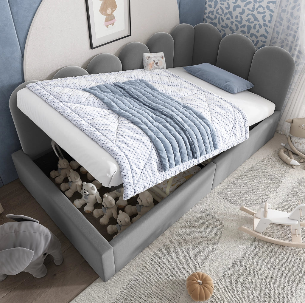 Letto a giorno 90x200 cm con contenitore idraulico; velluto grigio