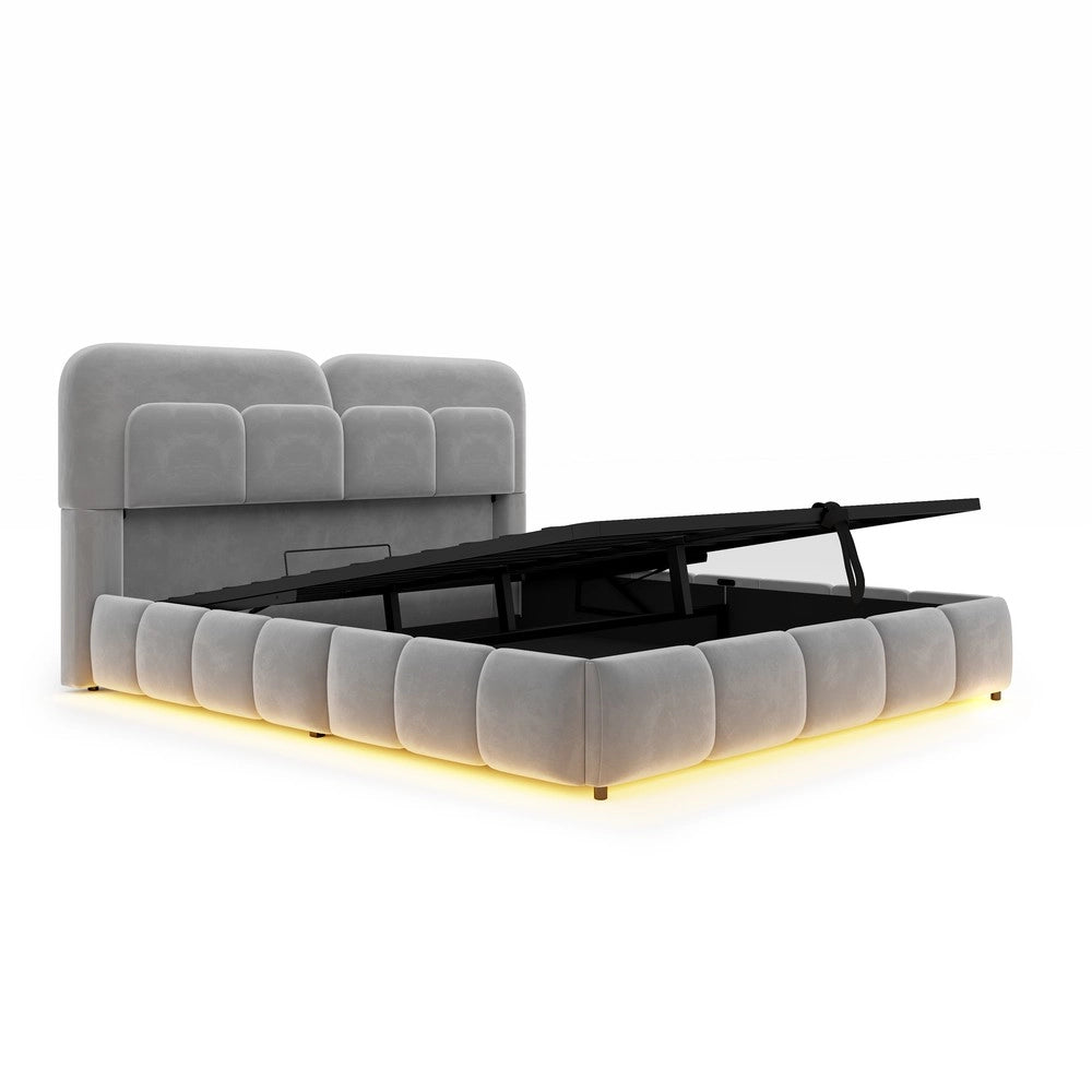 Letto imbottito 140x200 cm contenitore ¨C Minimal ¨C grigio velluto con led
