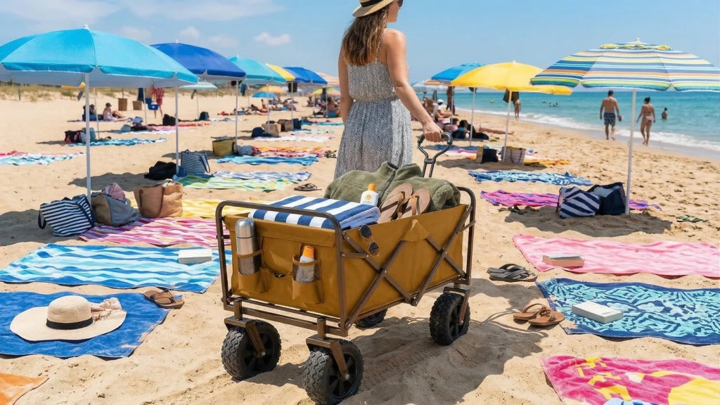 Carrello Pieghevole Trasporto per Spiaggia, Giardino e Spesa. 96 Litri, Max 65kg. Colore: Sabbia