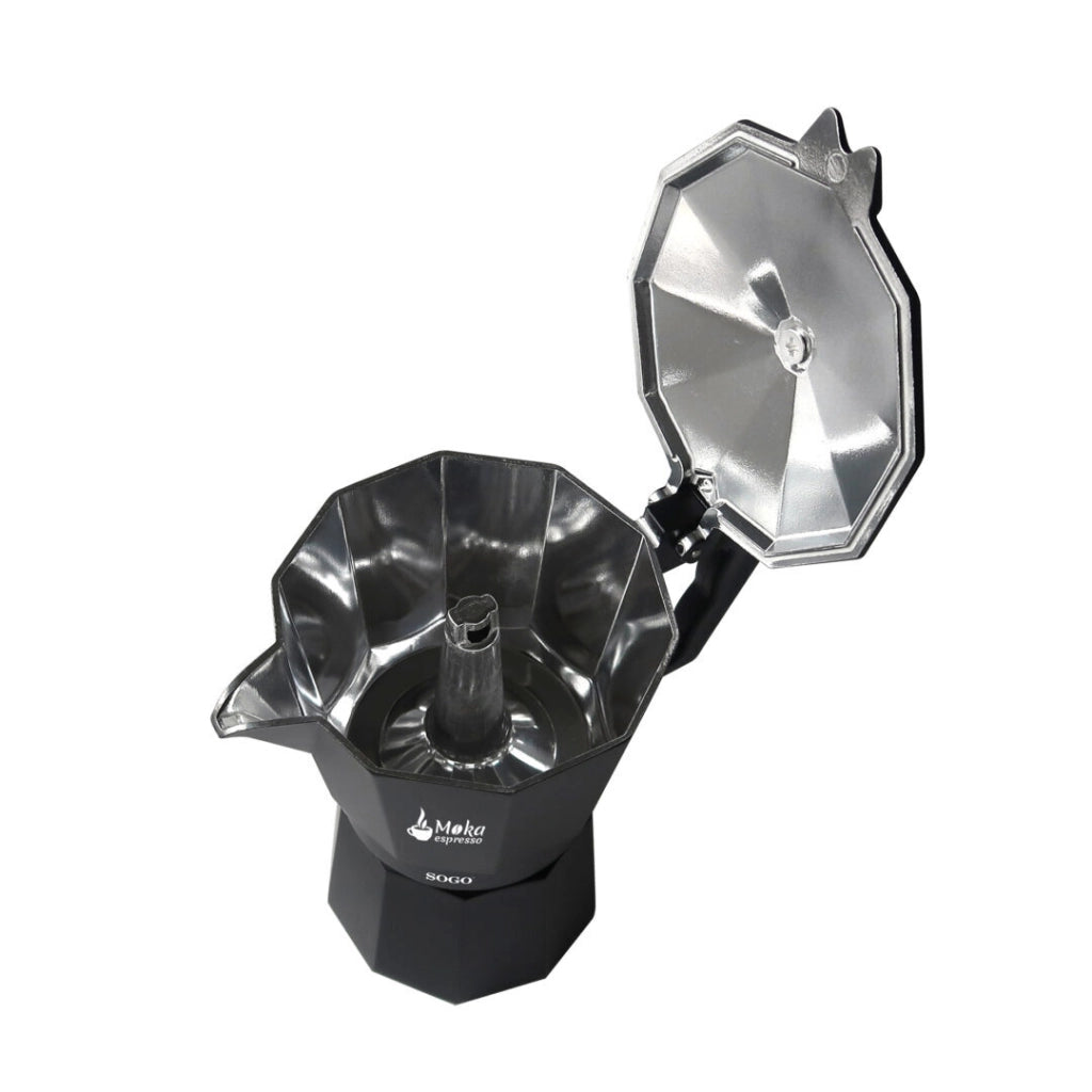 Caffettiera moka 9 tazze in alluminio nero per induzione gas e vetroceramica, manico ergonomico per espresso - Sogo