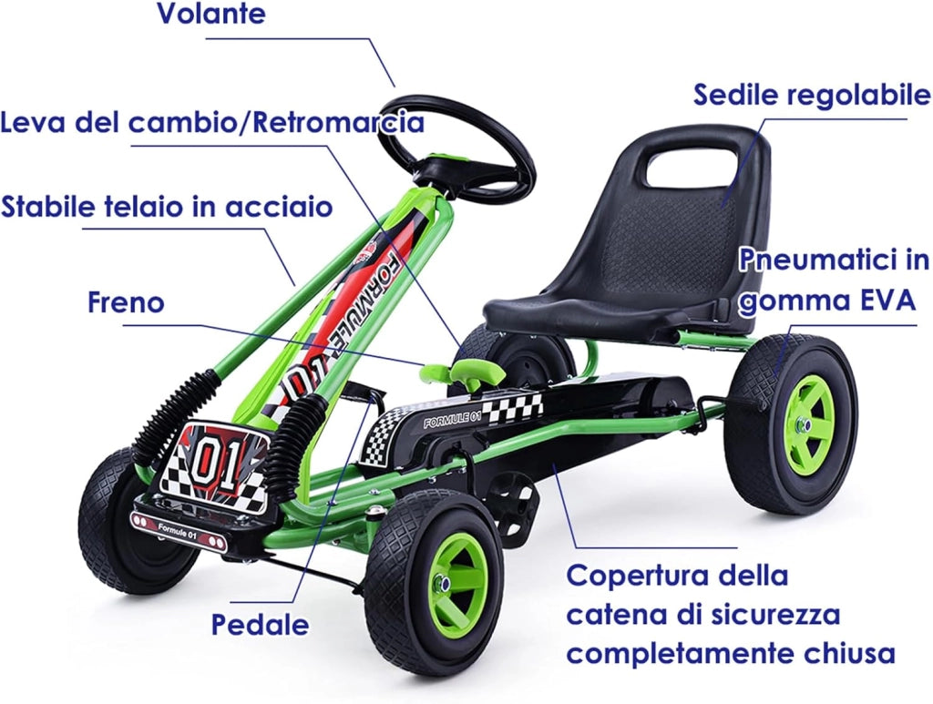 Go Kart a Pedali per Bambini, con Sedile Regolabile e Freno a Mano, Go Kart Veicolo per Bambini 3-8 Anni, Portata Massima 30 kg (Verde)