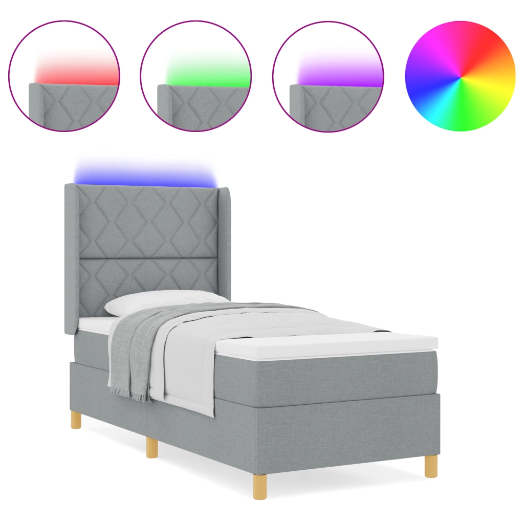 Letto a Molla con Materasso e Luce LED Grigio Chiaro 100x200 cm Tessuto