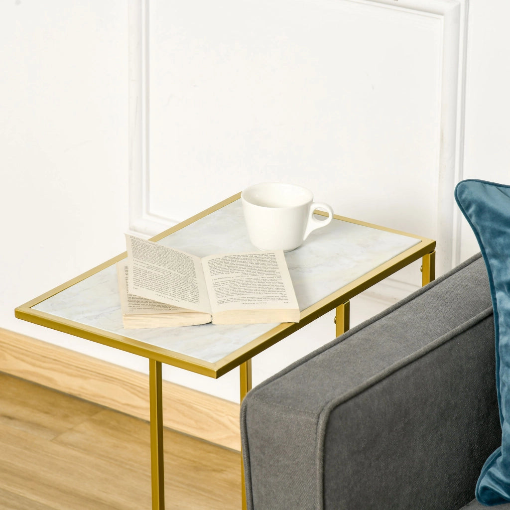 EASYCOMFORT  Tavolino da Salotto con Piano Effetto Marmo e Base in Metallo, 48x30.5x61cm, Bianco e Oro