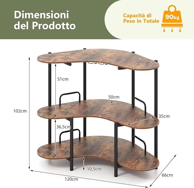 Tavolo da Bar 120 x 66 x 102 cm, Portabottiglie Vino a 3 Ripiani con Portabicchieri e Mensole di Stoccaggio, Isola Cucina Industriale per Bistro (Marrone)