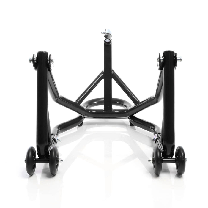 Cavalletto alzamoto anteriore sotto canotto, con rotelle e 5 adattatori sterzo 13-18 mm