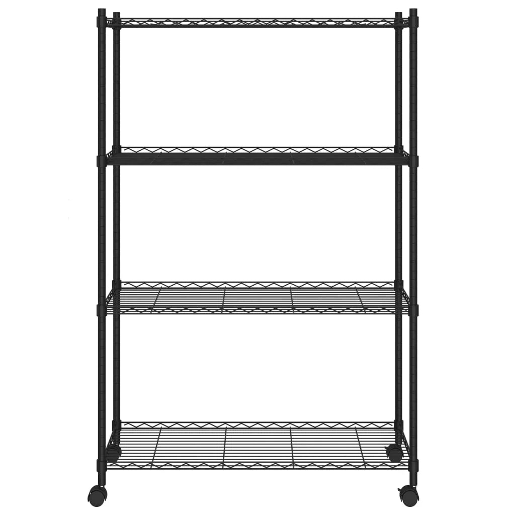 Scaffale portaoggetti per carichi pesanti per utensili da officina/garage 4 ripiani e ruote 90 x 35 x 137 cm nero capacità 200 kg 02_0000696