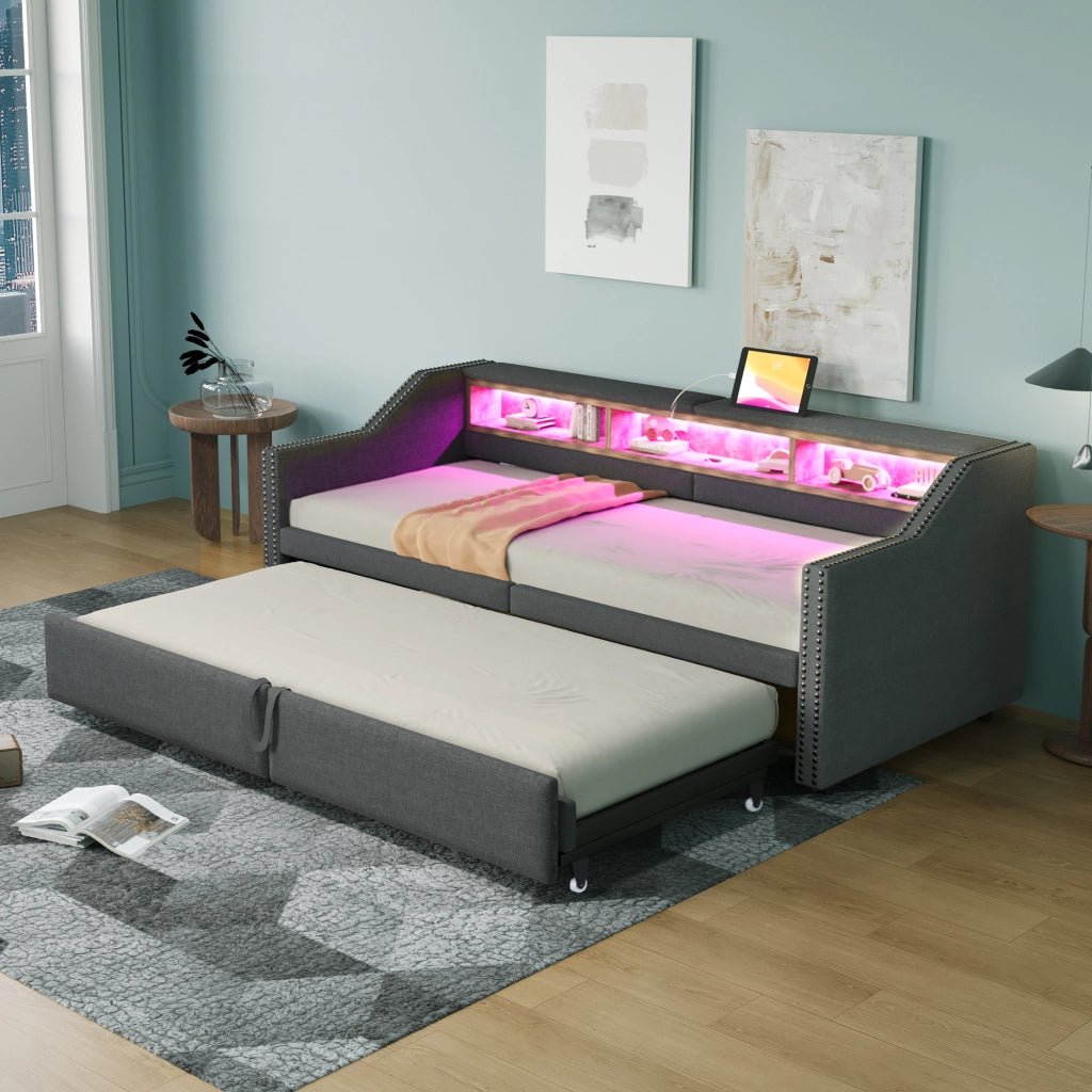 Letto estraibile singolo 90×200 cm e matrimoniale 180×200 cm con LED; USB; ripiani e rete; senza materasso; grigio scuro