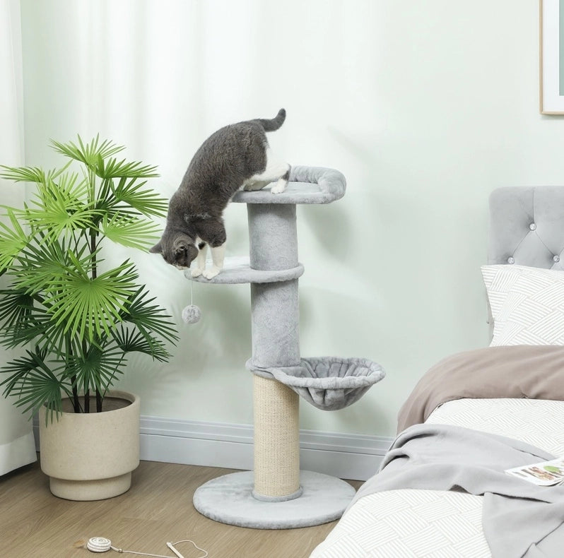 Albero tiragraffi per gatti con sisal, piattaforme multilivello e tessuto felpato, grigio chiaro
