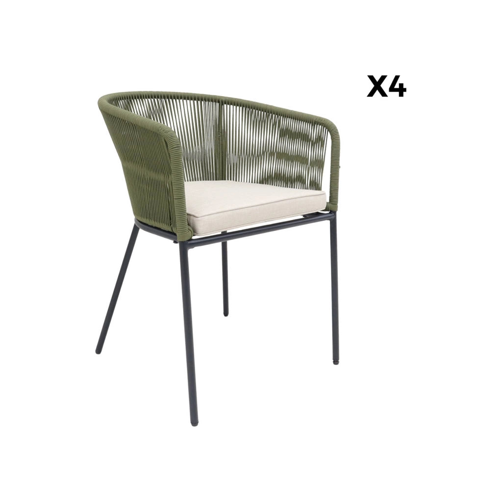 Set 4 sedie in corda e acciaio zincato, verde kaki