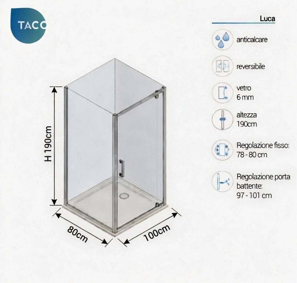 Box doccia 2 lati 80x100 cm fisso + porta 1 battente h190cm LUCA - Cromato Lucido