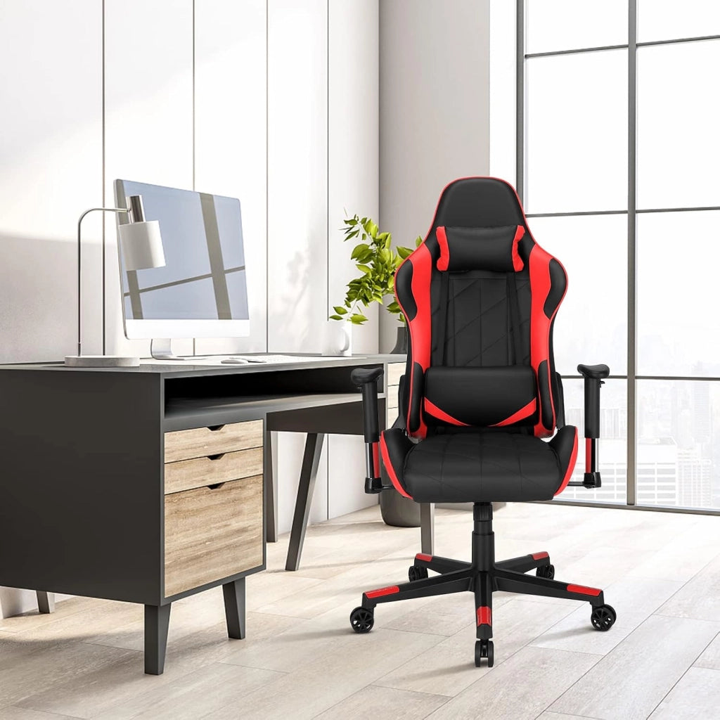 Sedia da Gaming Girevole a 360°, Sedia Ergonomica per Computer per Gaming con Poggiatesta e Cuscino Lombare, Angolo Reclinabile Regolabile (Rosso)