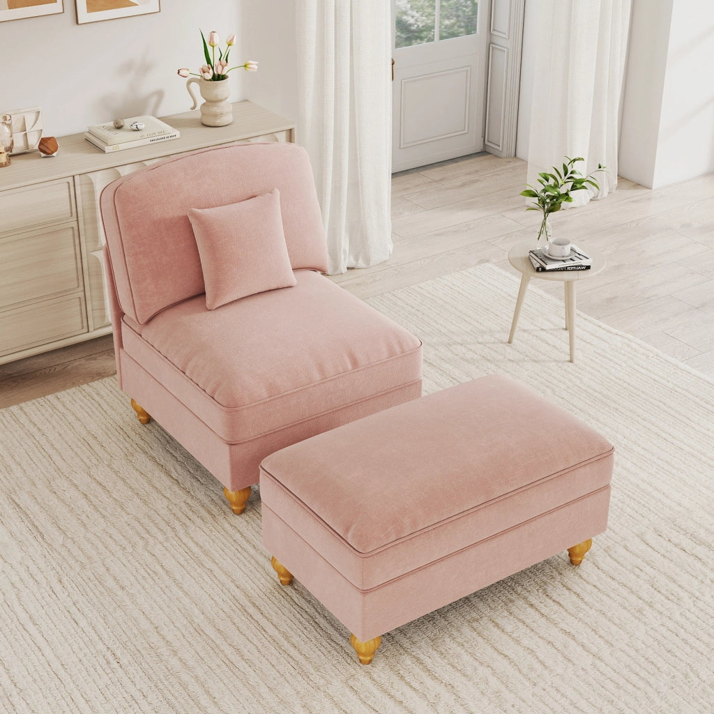 Poltrona lounge con pouf e gonna rimovibile; seduta morbida e gambe a fuso in chenille rosa